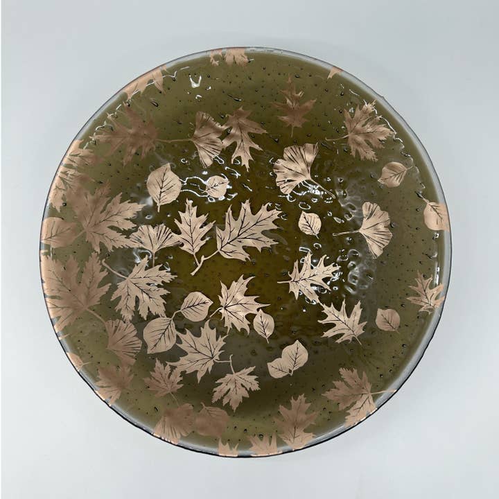 Falling Leaves Fused Glass Large 13" Serving Bowl for wholesale by Kiku Handmade | Contemporary Fused Glass Home Goods