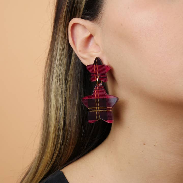 Store Stjerne Hængende Øreringe - Rød Tartan for engroshandel hos ColsonDesign