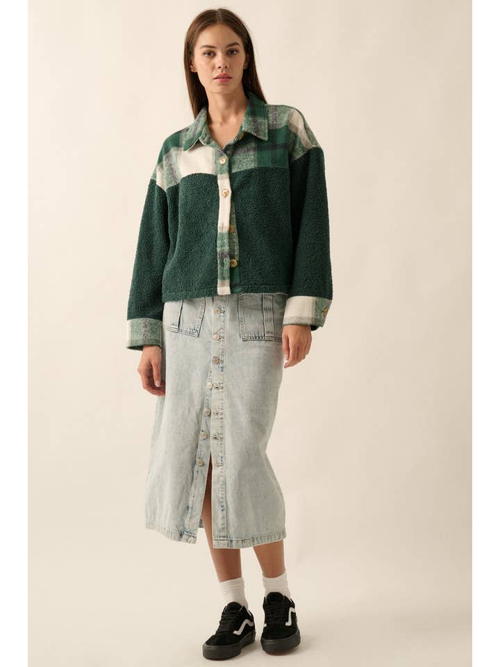 PINE GREEN Plaid Contrast Fur Button Front Yoke Front Shacket for wholesale on Faire