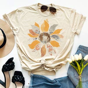 Cheap Women Plus Size Ladies Tee Shirts Sunflower Print Loose