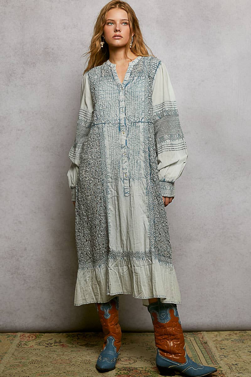 Pol Clothing - Wholesale Dress - Women's - Vintage Pintuck Ruffle Washed Boho Dress5