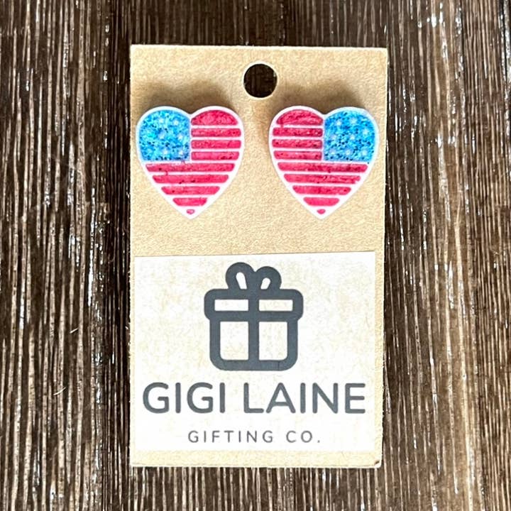 Earrings - Resin American Flag Heart for wholesale by Gigi Laine Gifting Co