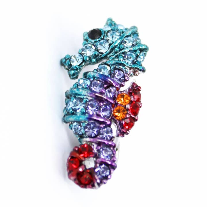 Multicolor Rhinestone Fancy Painted Brass Seahorse Brooch for wholesale by La Jungle des Gemmes