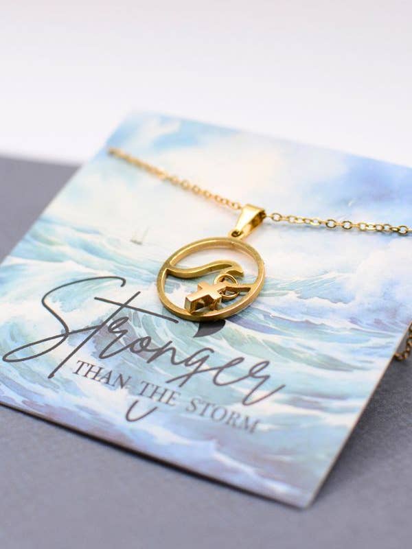Stronger Than the Storm Wave Necklace, Faith Christian Cross for wholesale by Two and Crew - Faith Based Jewelry & Gifts