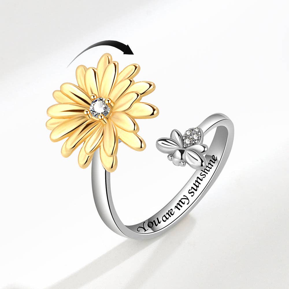 Argent Bague Fidget Spinner Daisy Flower Bee Anxiety en cuivre massif en vente sur Faire