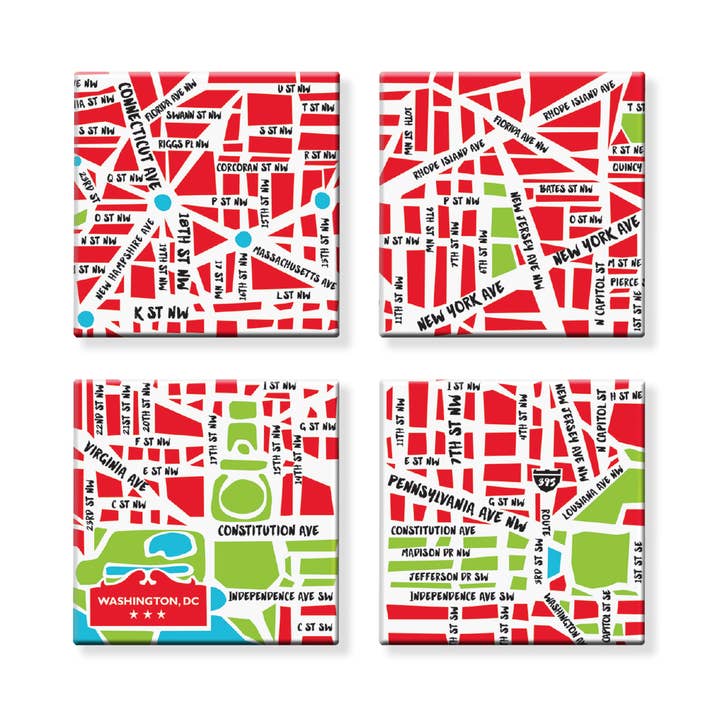 Sæt med 4 MDF Coasters - Washington DC kort Coasters for engroshandel hos Naked Decor
