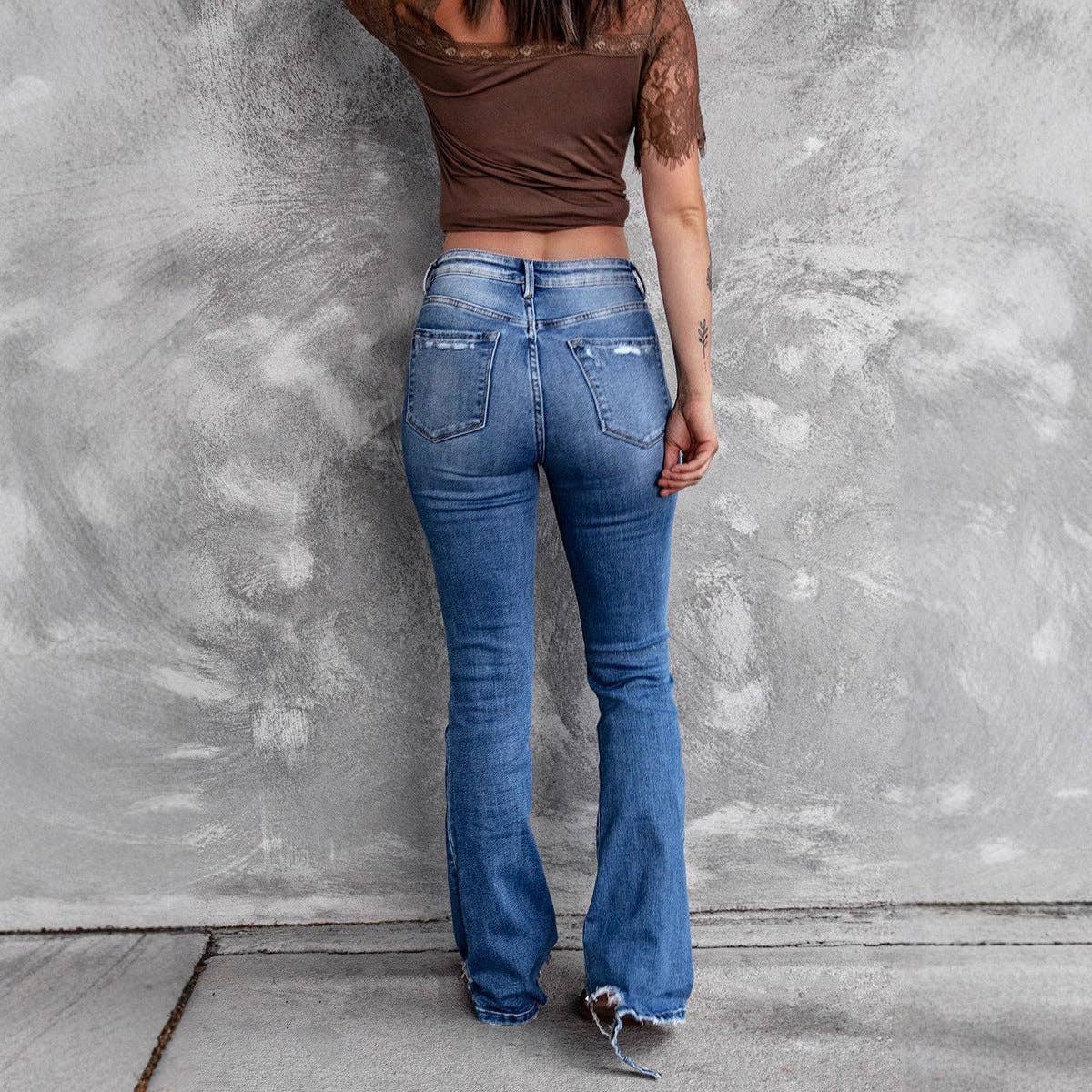 safistyle - Wholesale Jeans - Women's - High-Waist Ripped Flare Jeans with Elastic Waist4