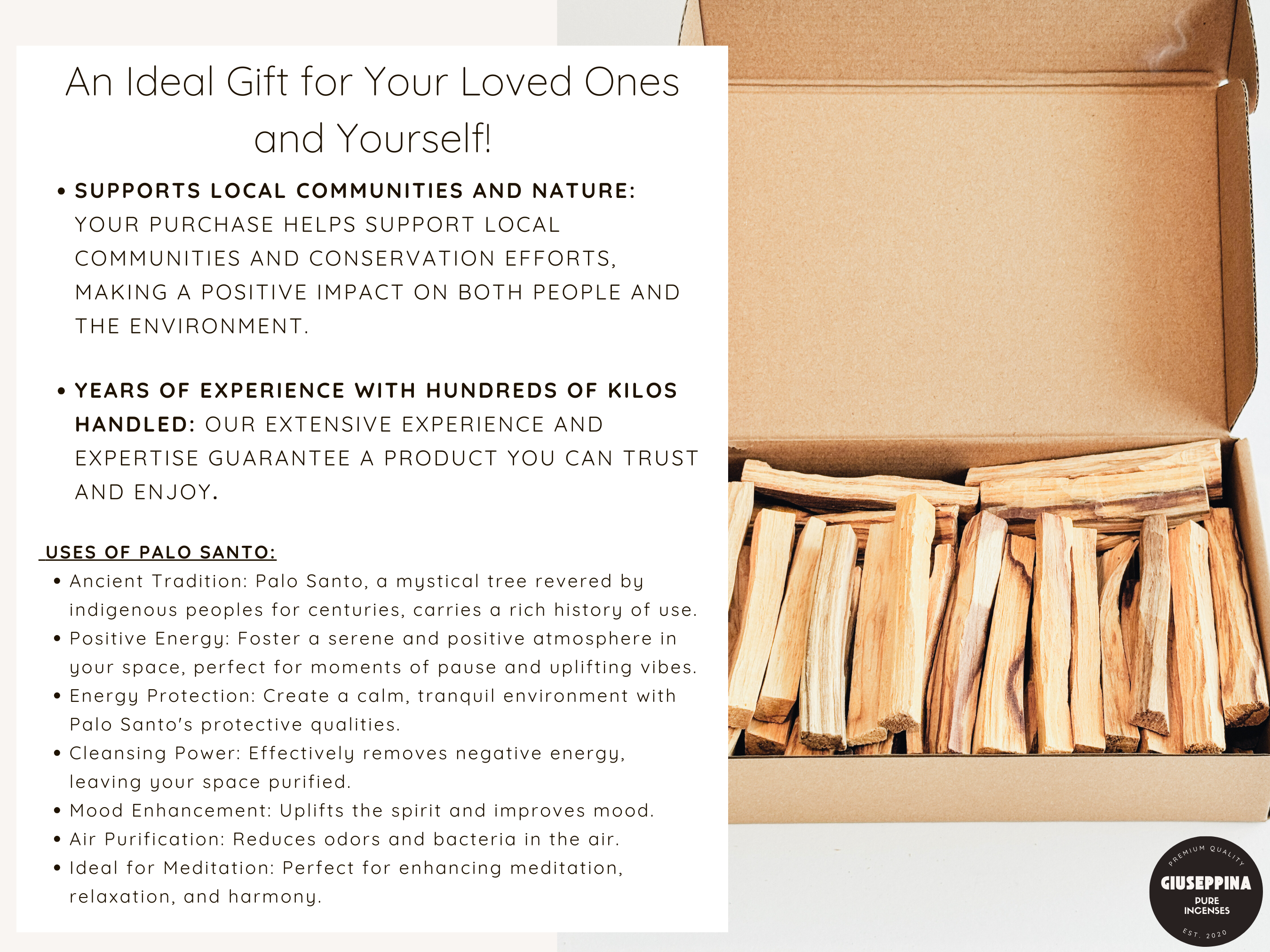 Giuseppina Shop - Wholesale Incense - THE PALO SANTO BOX - 500g Sticks Ethically Sourced from Peru6