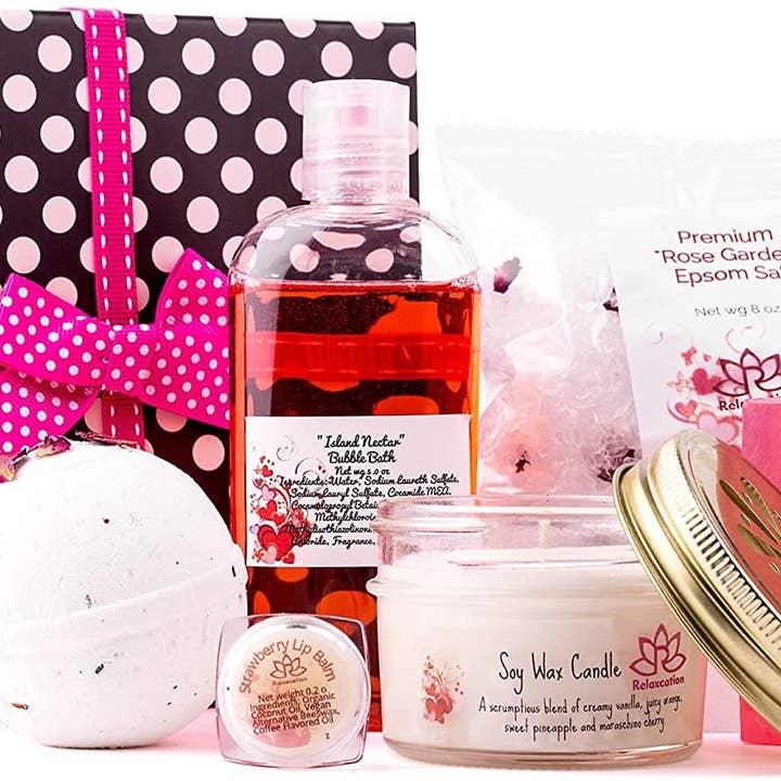 Relaxcation – wholesale Bad- och kroppsvårdsset – Polka-Dot Premium Box Bath Spa Present Set För Kvinnor Alla Naturliga & Organiska Handgjorda Korgstearinljus Badbomb Tvålbad Salt Bubble Bar Läppbalsam