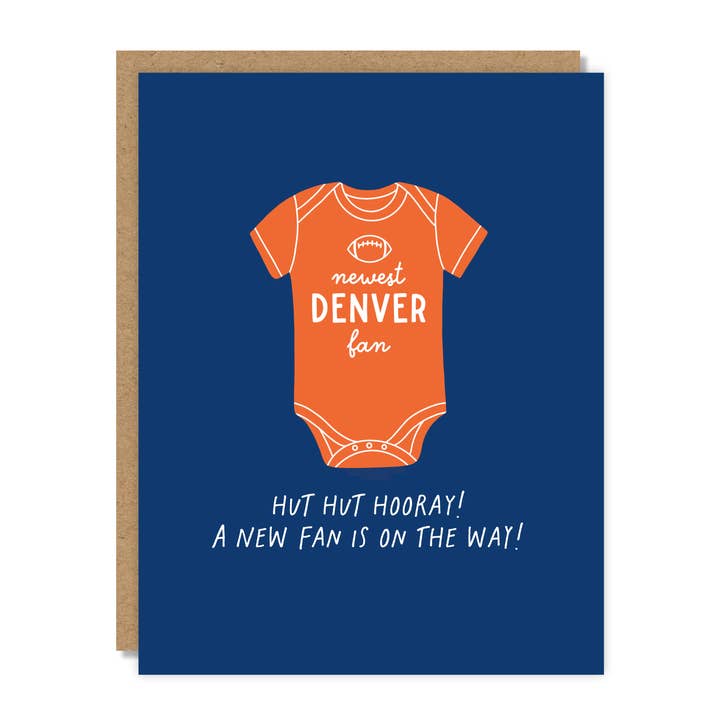 New Fan on the Way! Denver Broncos Football Baby Card for wholesale by Tiny Buffalo Designs Co.
