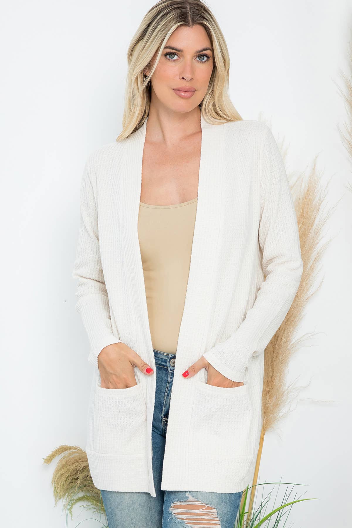 You & Me – Großhandel Strickjacke – Damen – GEBÜRSTETER WAFFEL LANGARM SEITENTASCHEN OFFENE FRONT STRICKJACKE5