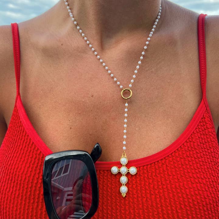 CHANSUTTPEARLS - Wholesale Link & Chain Necklace - LARIAT PEARL CROSS NECKLACE