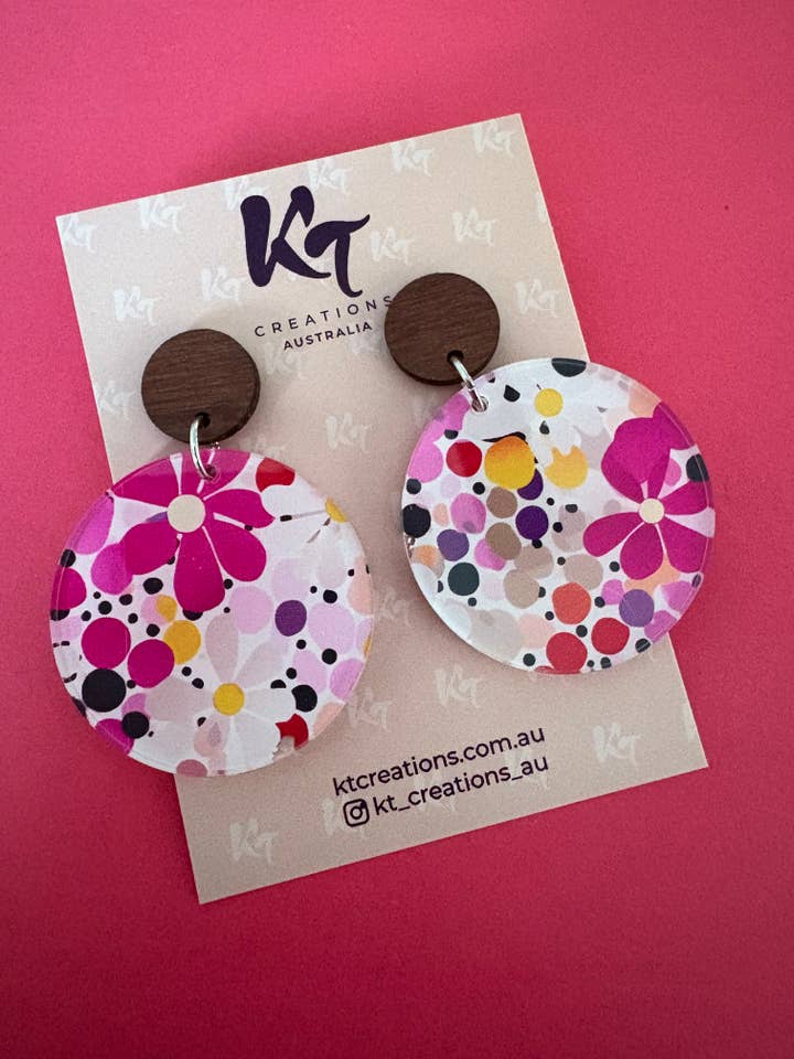 Dotted pink floral acrylic dangles for wholesale by KT Creations Australia