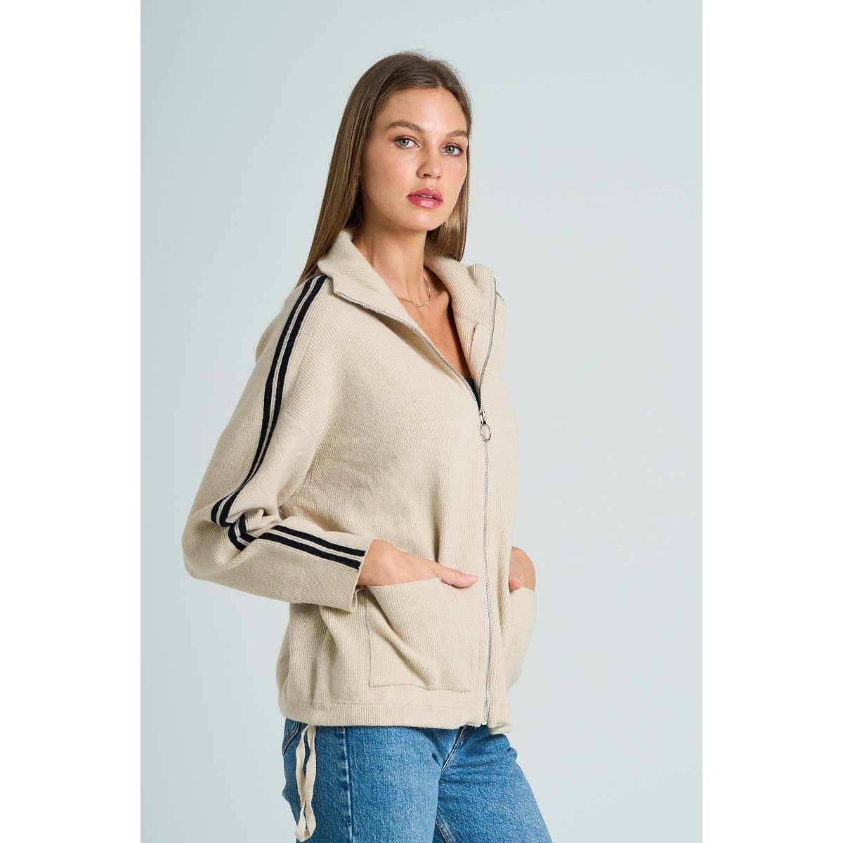The GREii - Vente Pull en maille – femme - Pull en tricot à manches rayées et fermeture éclair3