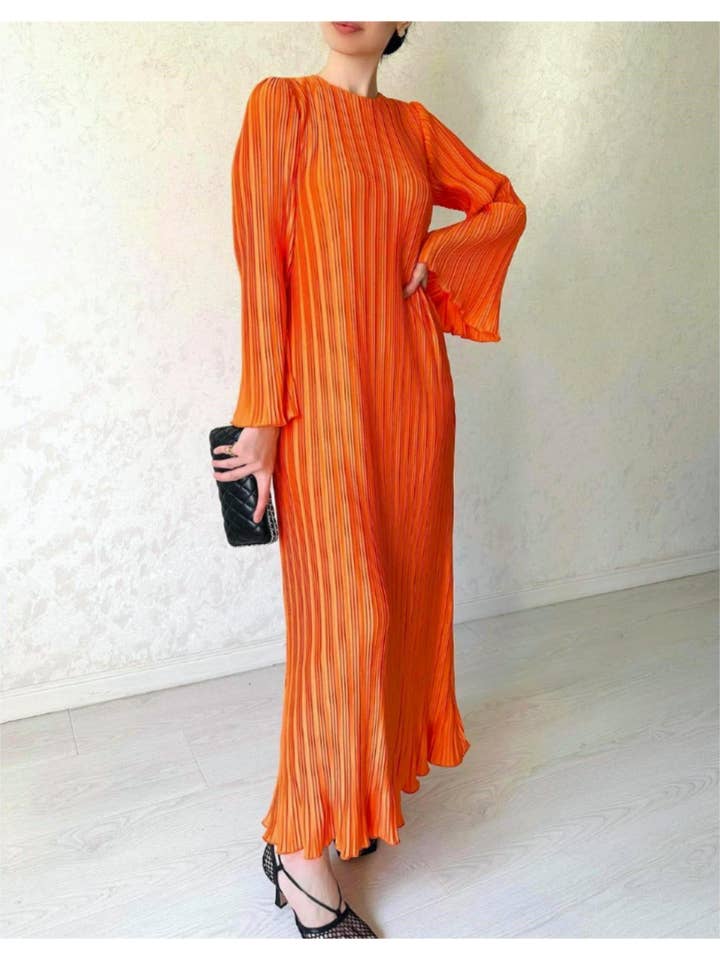 Rosa Clothing - Wholesale Dress - Women's - Long-sleeved pleated elegant maxi dress