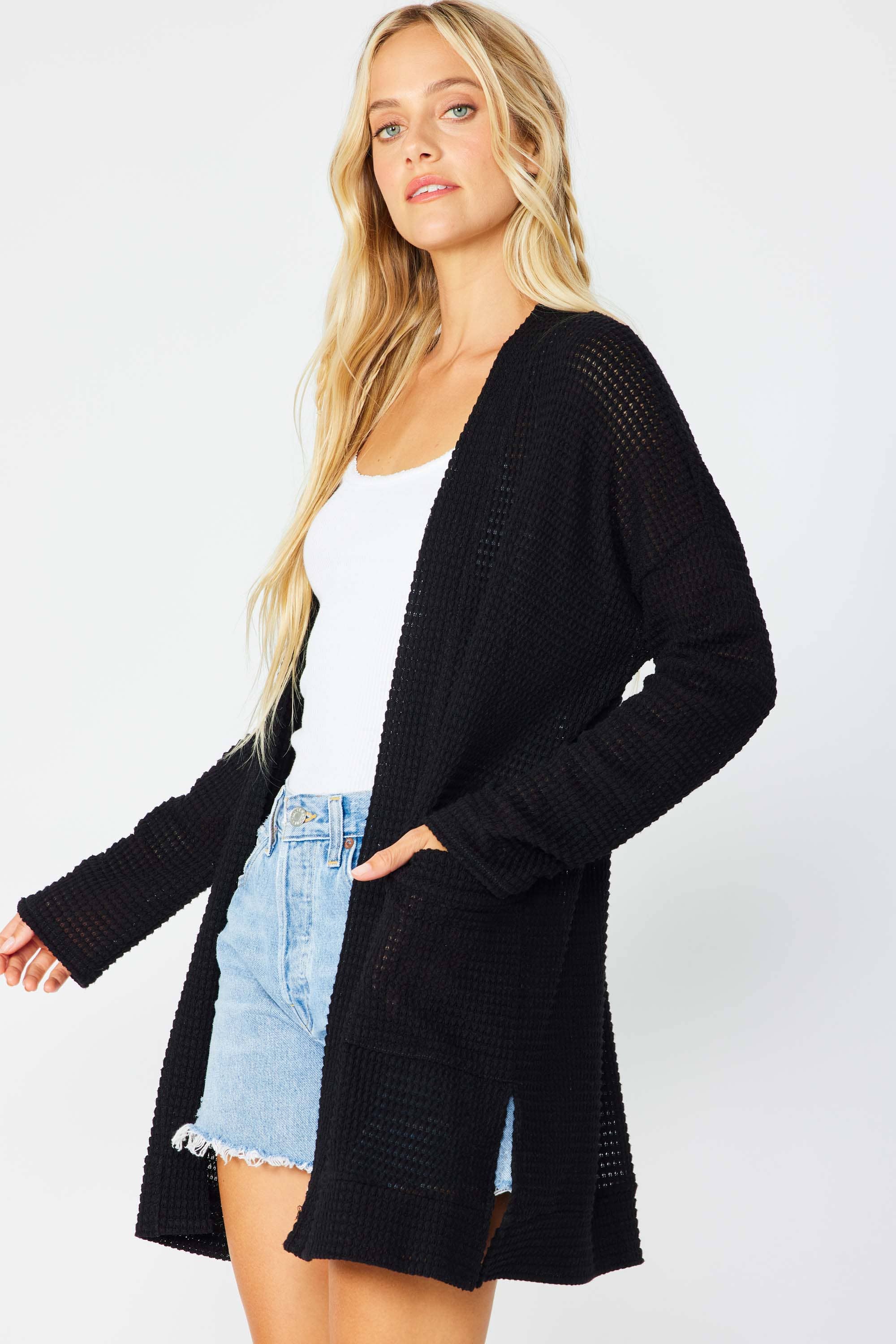 FSL Apparel - Wholesale Cardigan - Women's - SJ1005 - WAFFLE KNIT OPEN FRONT CARDIGAN WITH POCKETS9