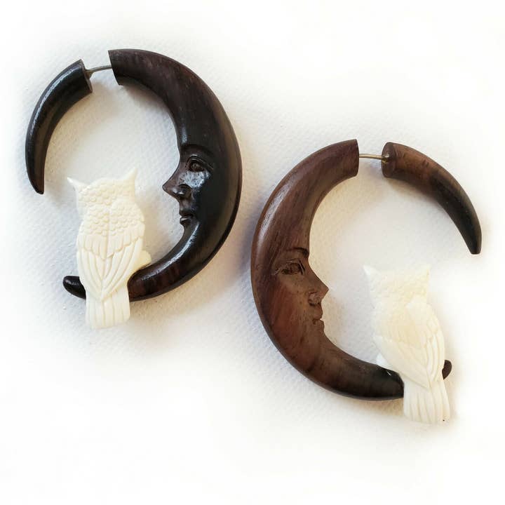 Dalfiya - Wholesale Hoop Earrings - Owl on Moon Split Gauge Hoop Earrings Jewelry Gift Christmas