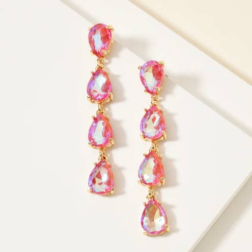 StarryNYC - Wholesale Dangle Earrings - Glass Stone Teardrop 4 Link Iridescent Crystal Earrings8