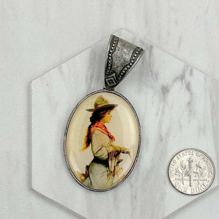 Western Elite Jewelry - Wholesale Individual Charm/Pendant - PD231210SL-71 silver metal oval cowboy pendent