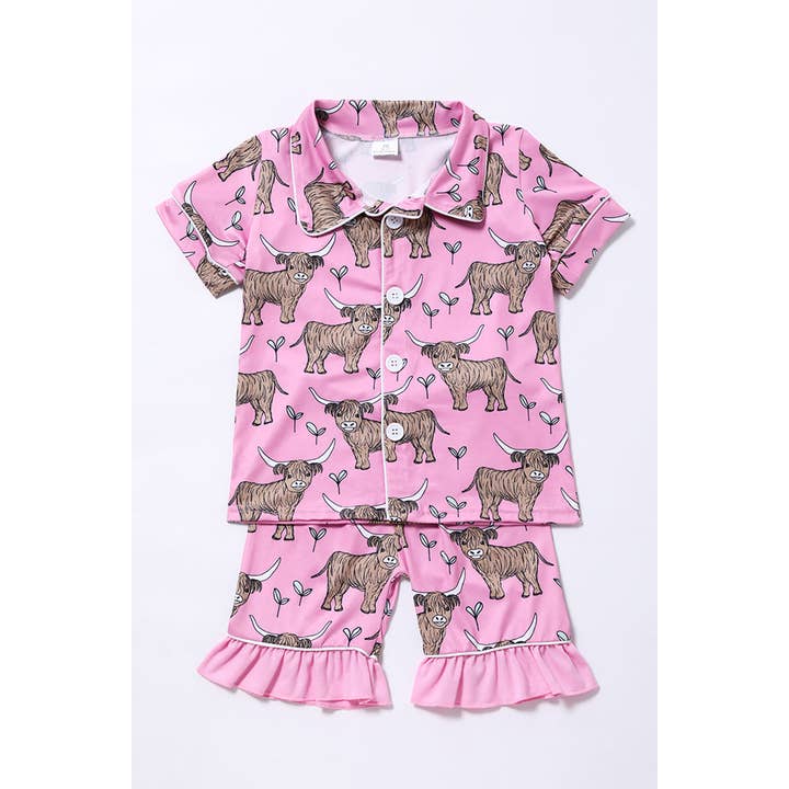 Children Western Pink highland cow summer pajamas for wholesale by Aier Wholesale