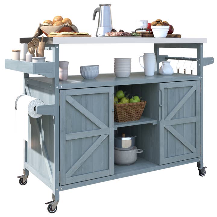 39F Inc. - Wholesale Outdoor Ornament/Decor - Outdoor Kitchen Island,Farmhouse Solid Wood Rolling Cart8
