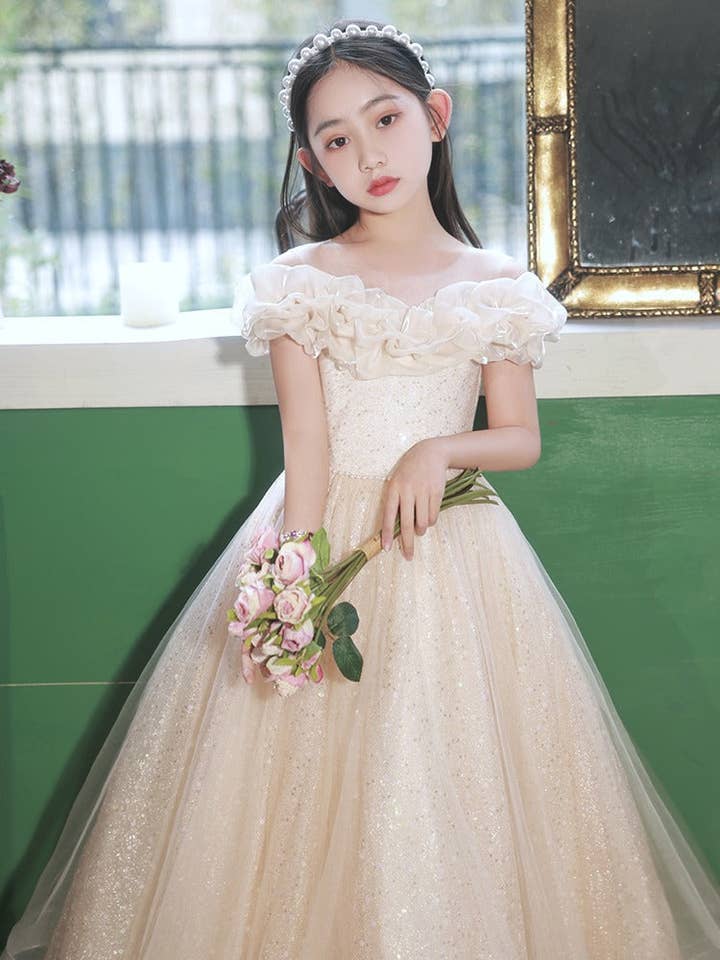 Gold Champagne Tulle Hostess One-Shoulder Evening Gown For Girls: Perfect Attire For Piano Performances for wholesale on Faire2