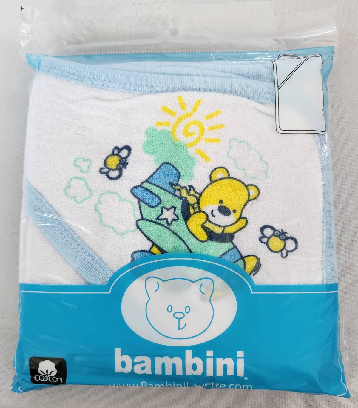 Bambini Infant Wear inc. - Wholesale Hooded Towel - Kids & Baby - Hooded Towel with Blue Binding and Screen Prints1