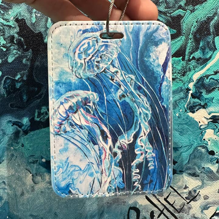 Blue Jellyfish Luggage Tag for wholesale by Rachel Pierce Art Gallery