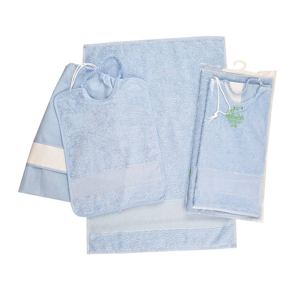 Almatex srl - Vente Ensembles de serviettes - Ensemble 3 pièces RICAMA TU : serviette+bavoir avec bande élastique+sac avec bande brodée4