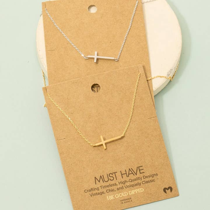 Fame Accessories - Wholesale Pendant/Charm Necklace - Gold Dipped Side Cross Pendant Necklace