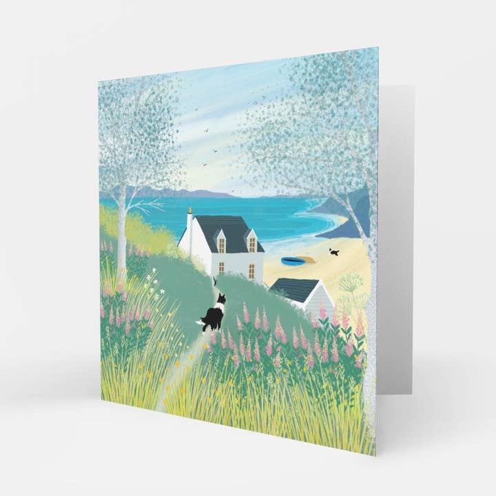 Come on Down! greetings card from original art by Caroline Smith. Blank greetings cards. A cottage by the sea. Border Collies. for wholesale by Galloway Arts