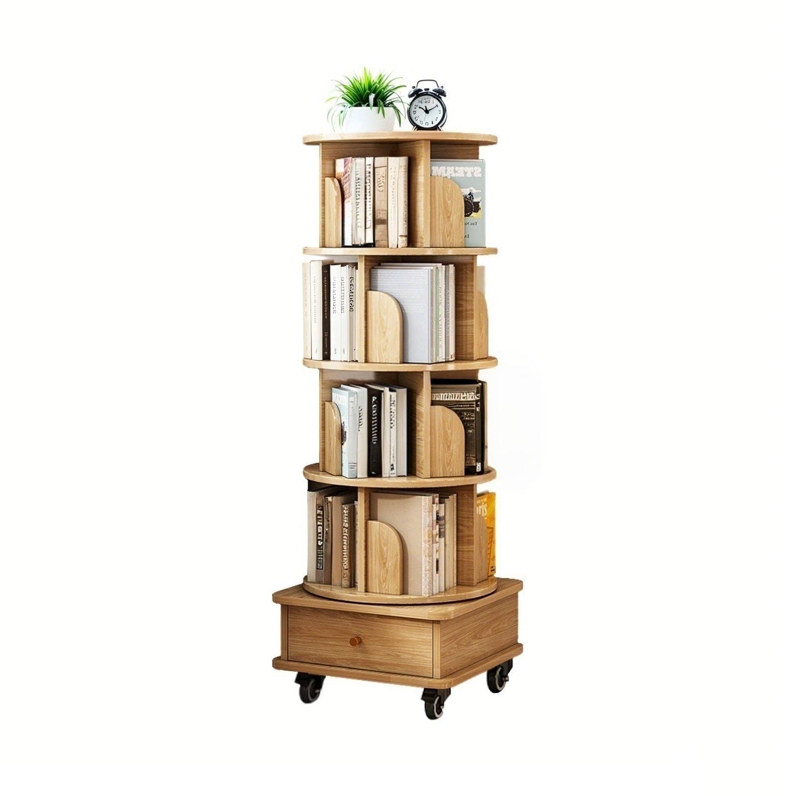 39F Inc. - Wholesale Bookcase - 5/6-Tier 360° Rotating Bookshelf with Drawer, White/Wood4