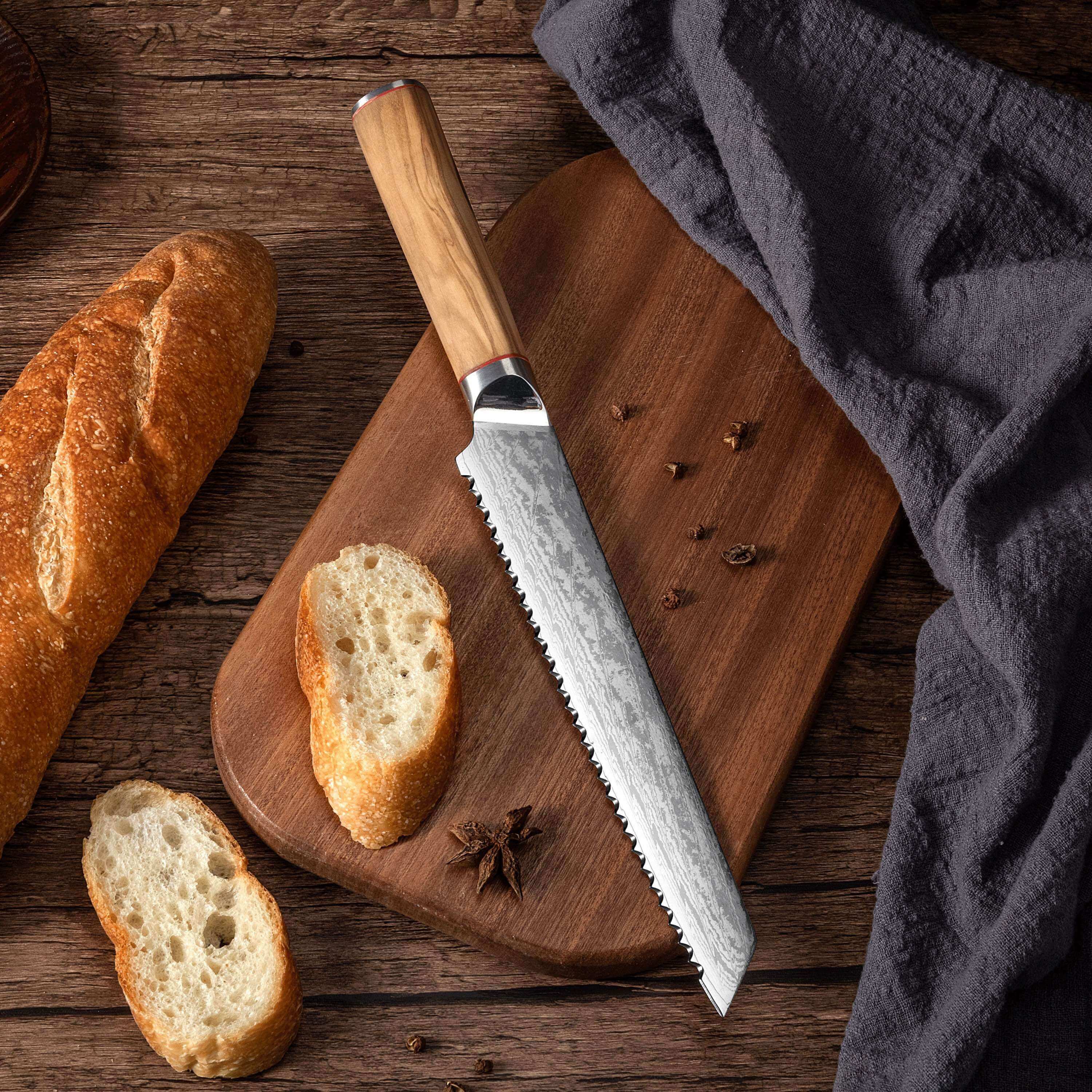 Ginza Steel - Vente Couteau de cuisine/multi-usage - MIA Z | COUTEAU À PAIN 8" Acier Damas AUS10 67 Couches / Manche en Bois d'Olivier7