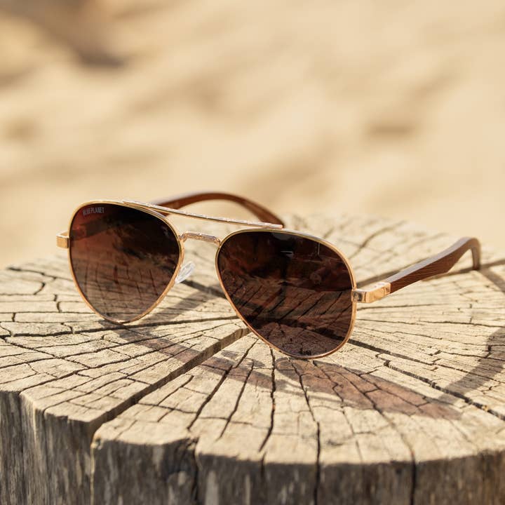 Blue Planet Eco-Eyewear - Wholesale Sunglasses - Women's - BP10362 - Mav - Matte Gold / Walnut Wood / Brown Polarized