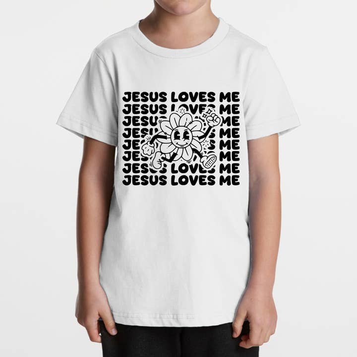 Jesus Loves Me Kids T-Shirt – Retro Christian Toddler Tee with Happy Flower Design for wholesale by OSME