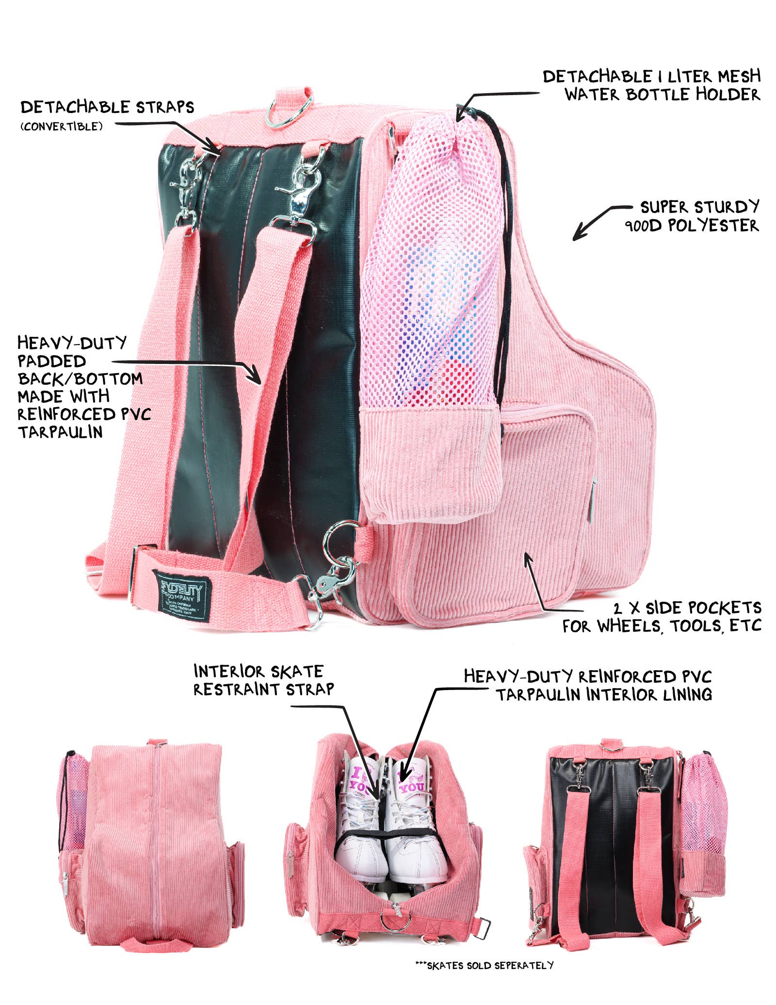 Fydelity - Wholesale Backpack - Women's - Roller Skating Backpack Skate Shoulder Bag | Durable Pink3