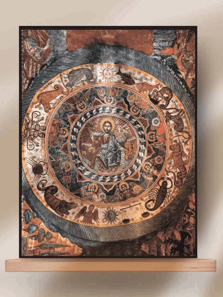 Christus Pantokrator Ikone – Umgeben von Tierkreiszeichen, Engeln und Evangelisten, orthodoxes Fresko aus dem 19. Jahrhundert für den Großhandel von Iconsofsaints