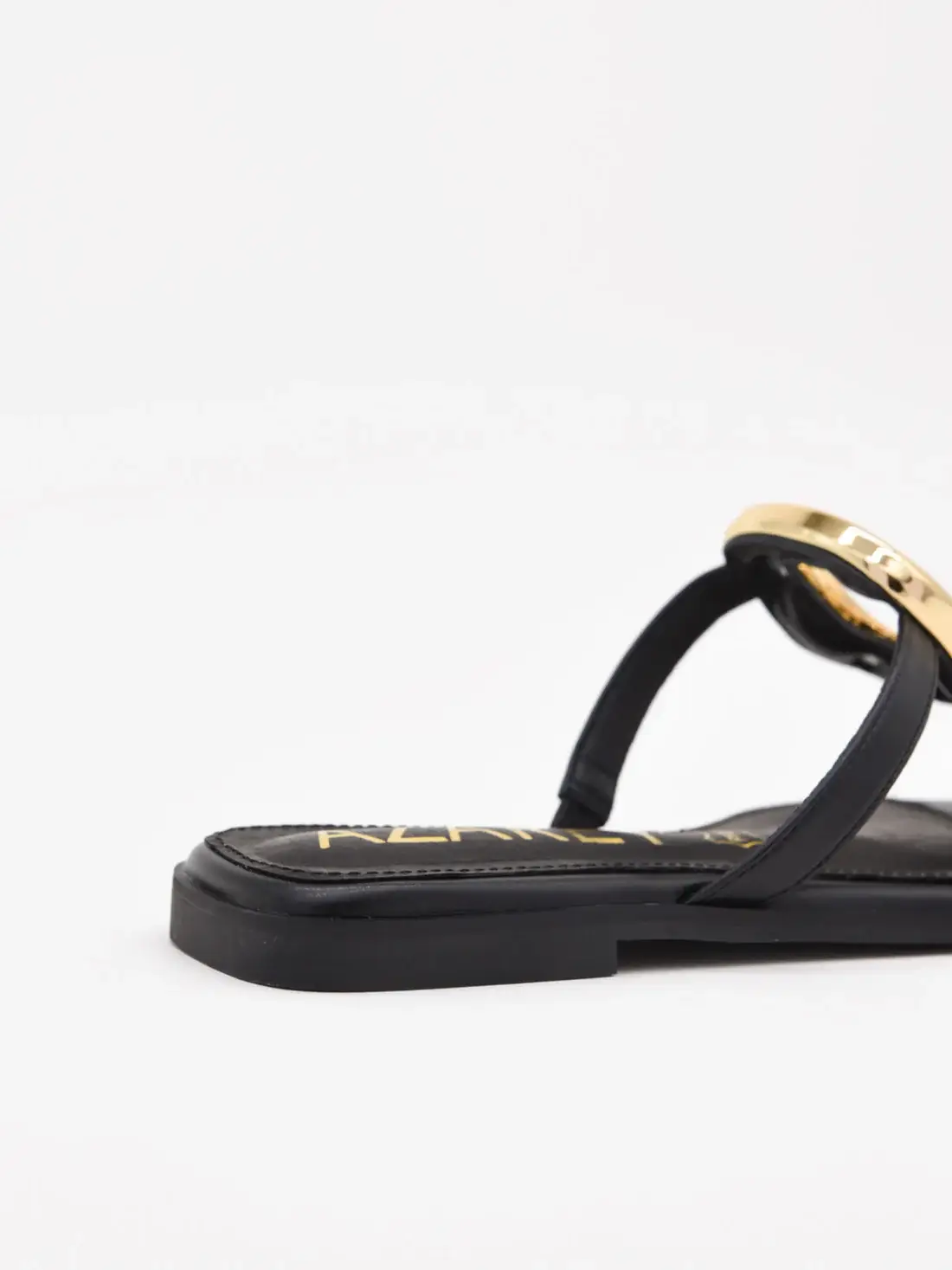 Azarey - Wholesale Sandals - Women's - Black flat sandal with gold metallic detail1
