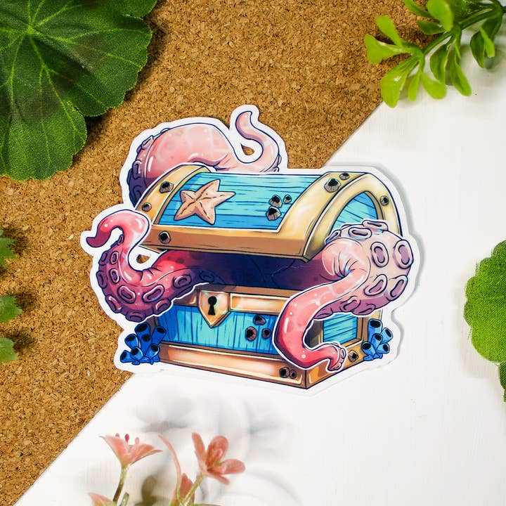 Ocean Treasure Chest Vinyl Sticker for wholesale by Nemissa's Northwood Arts