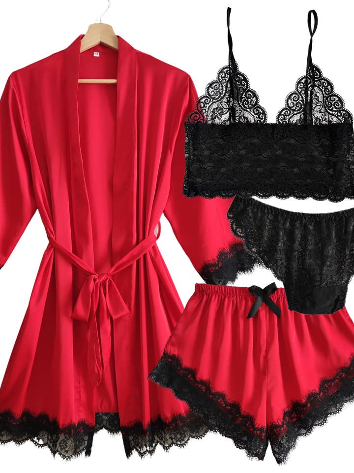 Ensemble de 4 pièces Pyjamas Femme Satin Soie dentelle noire pour la vente par Laura in