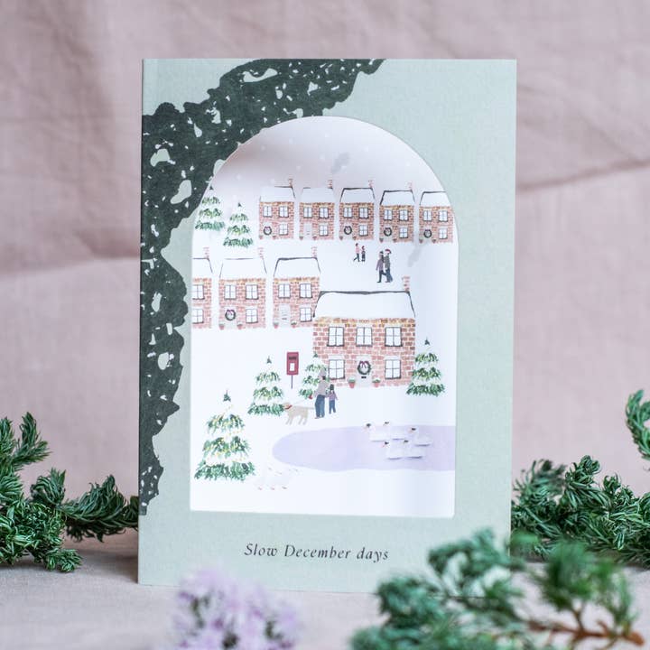Traditional Village Die Cut Window Christmas Card  for wholesale by The Hidden Pearl Studio