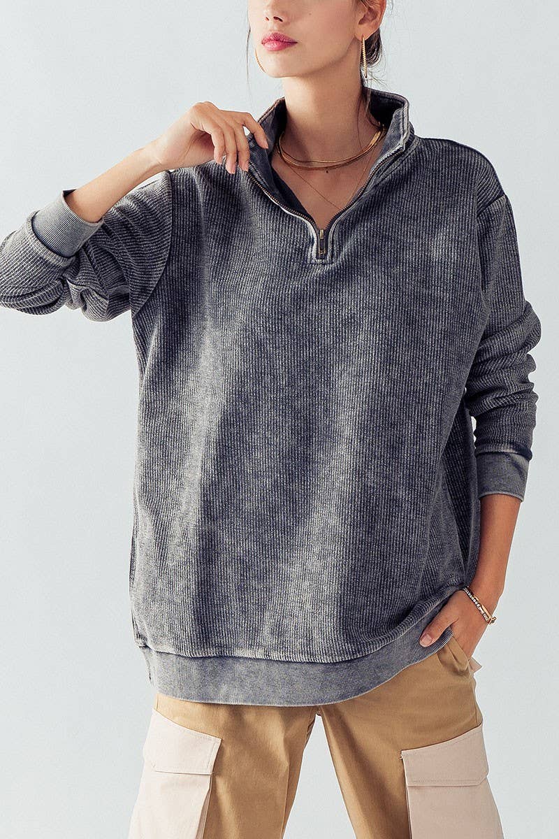 Urban Daizy - Wholesale Sweatshirt - Women's - Vintage Washed Quarter Zip Ribbed Sweatshirt31