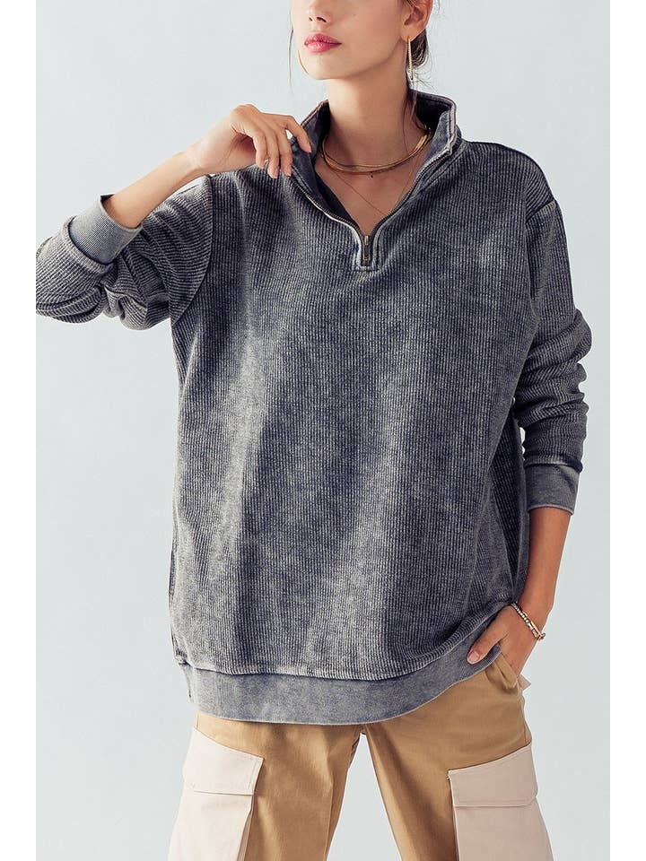 Urban Daizy - Wholesale Sweatshirt - Women's - Vintage Washed Quarter Zip Ribbed Sweatshirt31