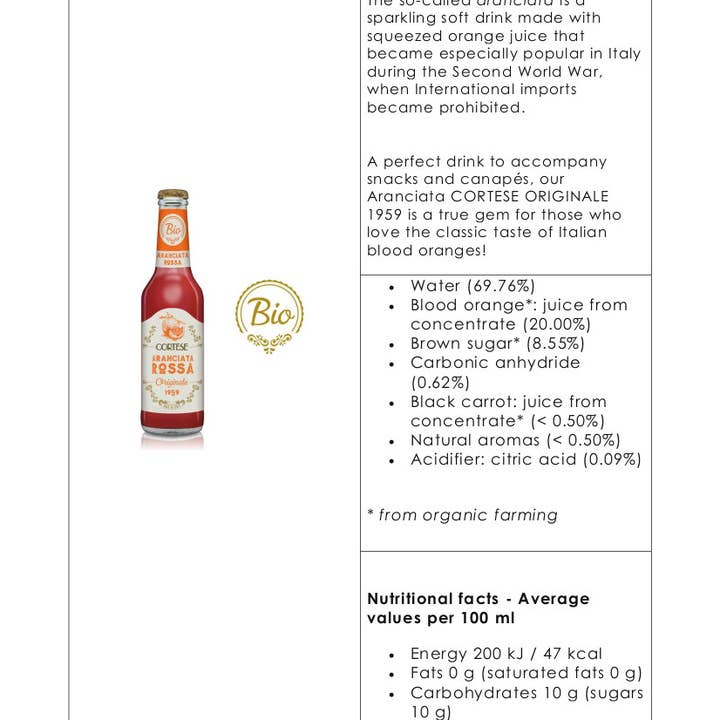 Metina SAS - Vendita all'ingrosso Bibite/bevande gassate - Aranciata Rossa Bevanda Biologica analcolica Cortese 27,5 cl