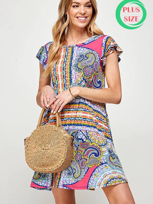 Vestido plus size Paisley Color Block Flutter Sleeve por atacado de Melon Fashion