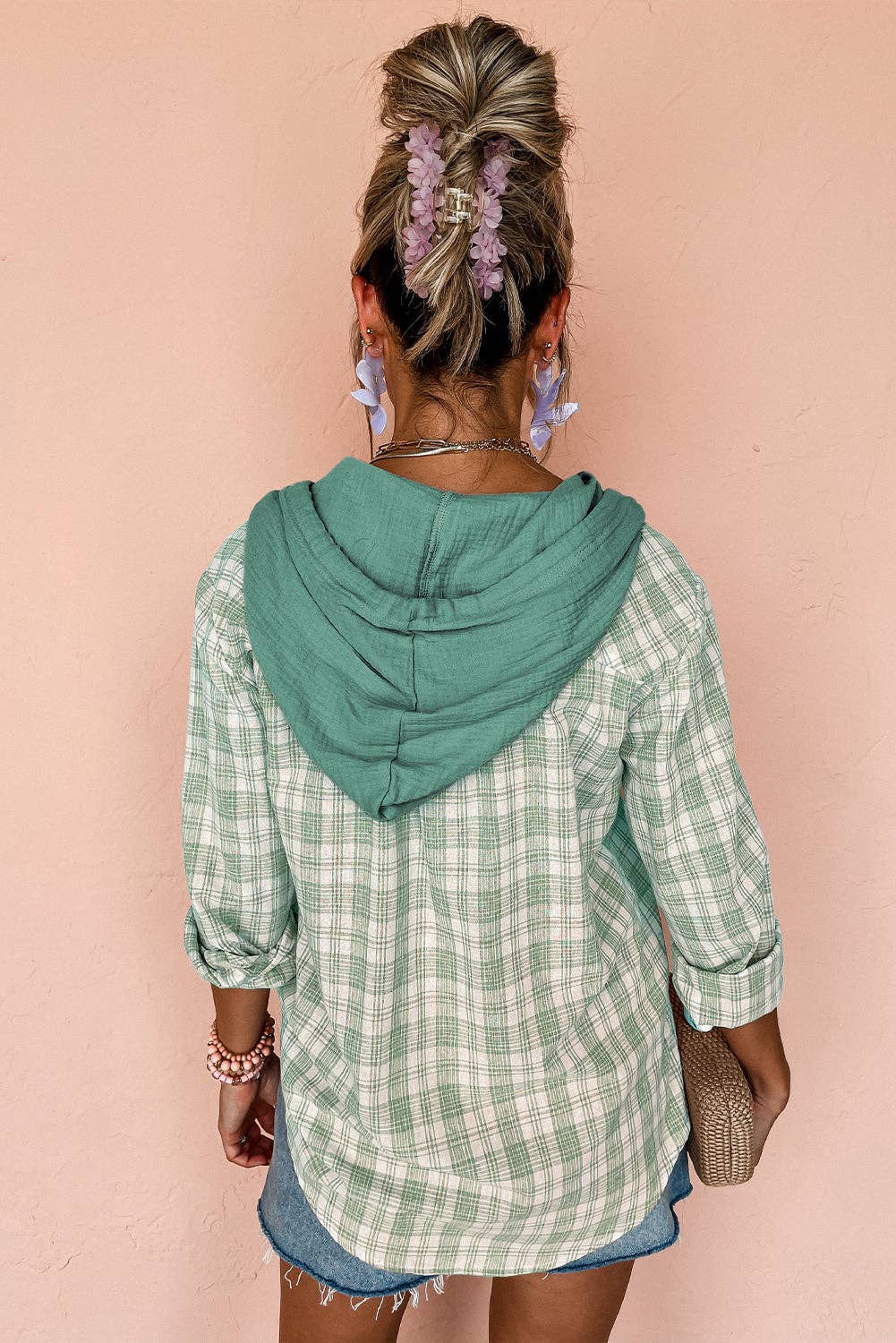 Lovesoft - Wholesale Shirt Jacket/Shacket - Women's - Checkered Print Loose Fit Buttoned Hooded Shacket20