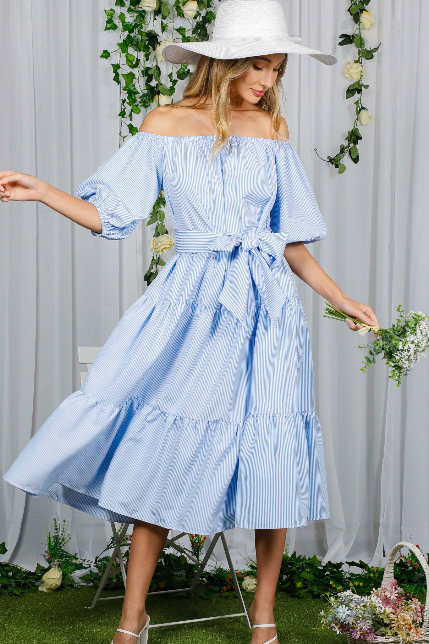 Vine & Love – wholesale Dress – Women's – Off-The-Shoulder Tie Waistband Tiered Striped Dress  VD702961