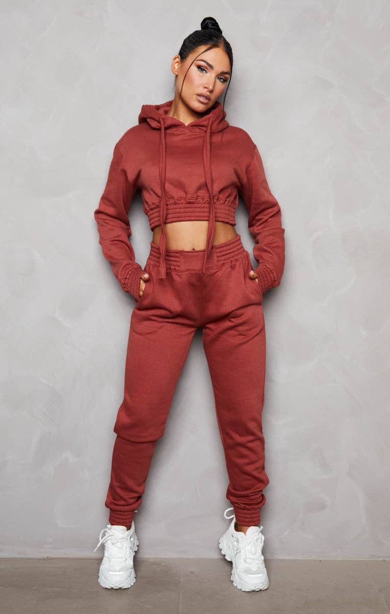 Femme Luxe – wholesale Lounge set – Women's – Rust Long Sleeve Crop Hoodie High Waisted Joggers Shirred Detail Fleece Loungewear Set - Costella0