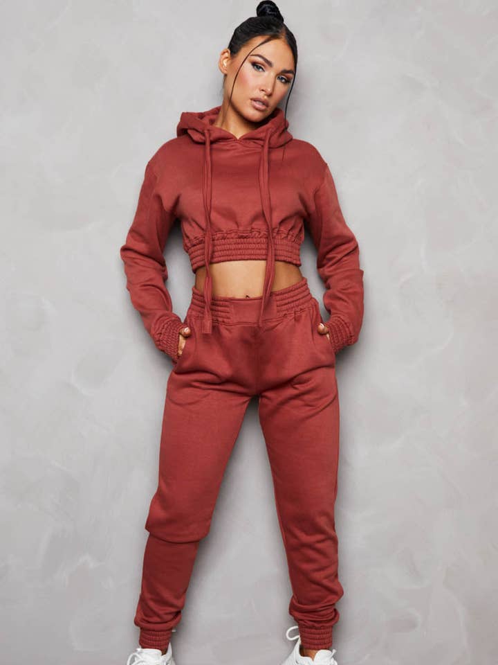 Rust Long Sleeve Crop Hoodie High Waisted Joggers Shirred Detail Fleece Loungewear Set - Costella for wholesale by Femme Luxe