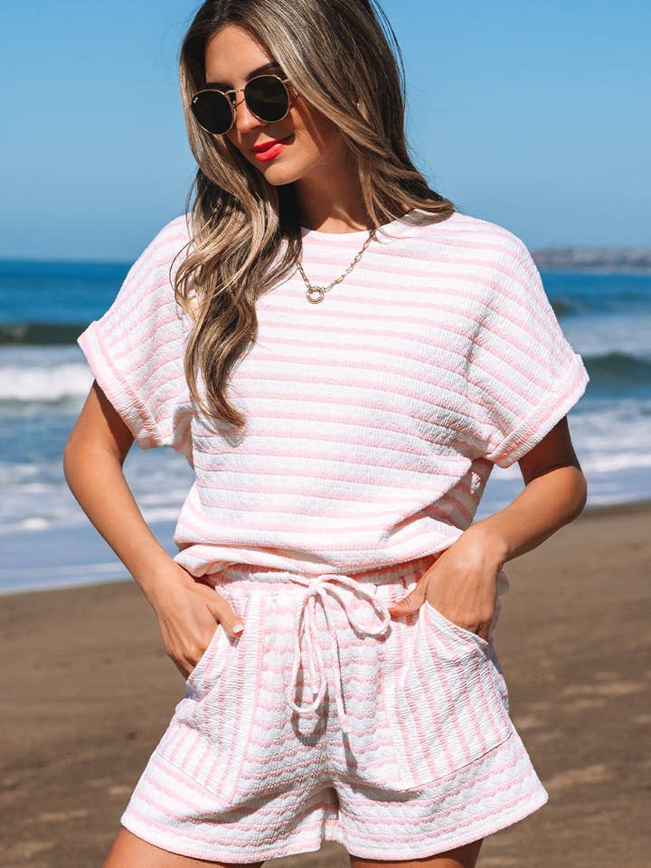 Lovesoft - Wholesale Lounge Set - Women's - Pink Stripe Knitted Short Sleeve Top and Drawstring Shorts Set